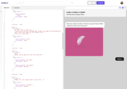 Screenshot of the chatbot introduction, this time it's a split screen showing the code on the right hand side, and the chatbot on the left. The code shows what the bot says at each point, and the human response options. The introduction text reads 'Hey! My name is Cody. I'd like to be your friend. What would you like me to call you?'